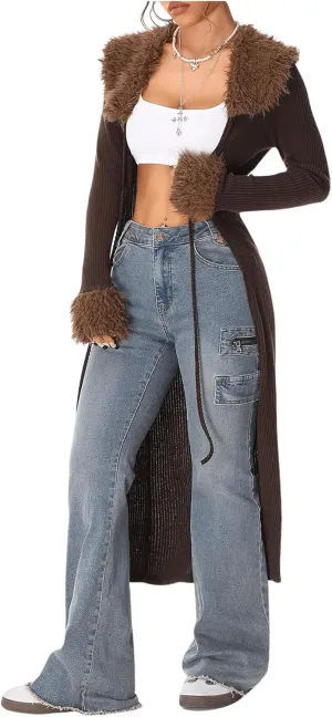 MakeMeChic Women's Contrast Faux Fur Long Sleeve Sweater Tie Front Rib Knitted Long Cardigan