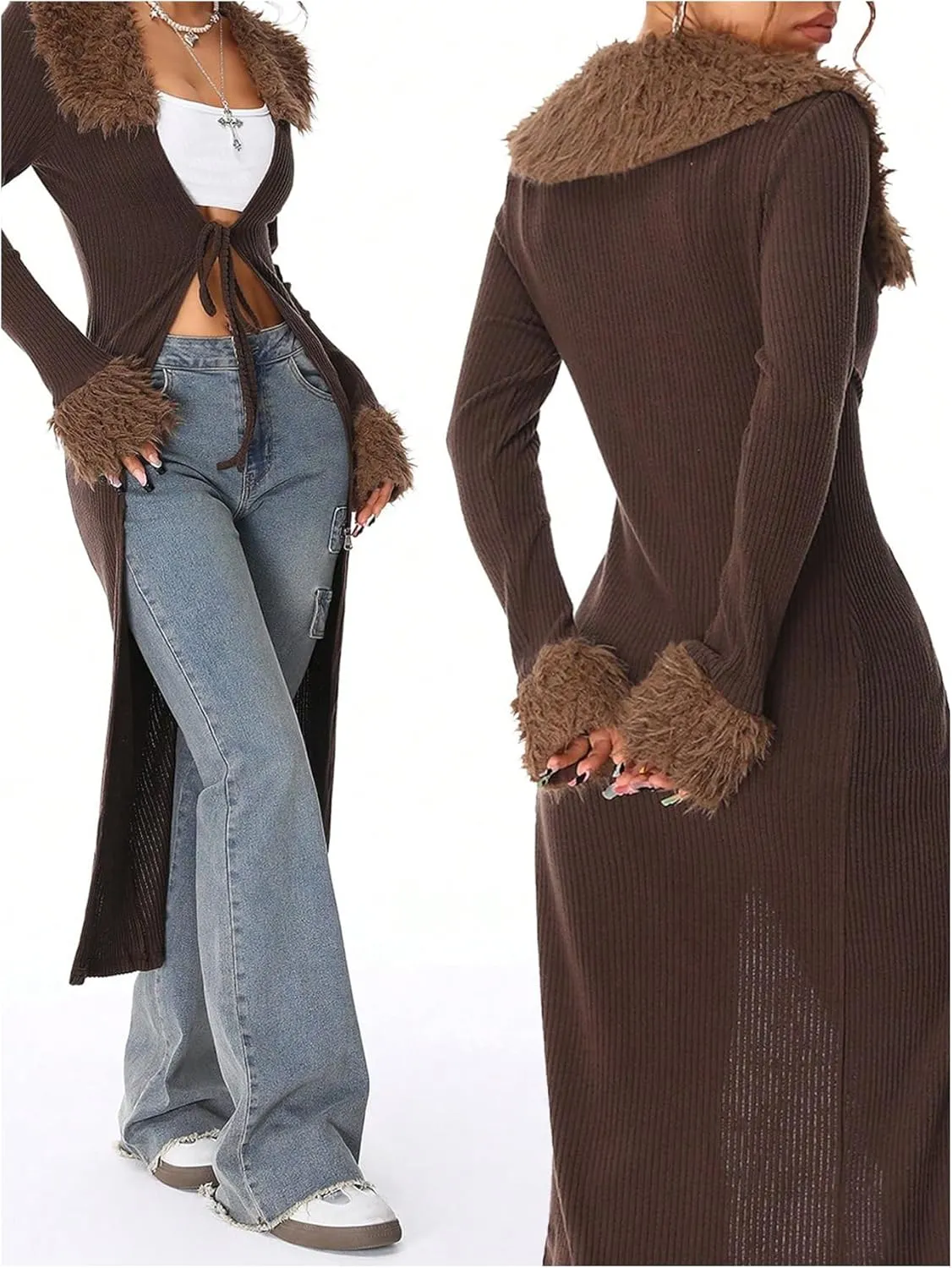 MakeMeChic Women's Contrast Faux Fur Long Sleeve Sweater Tie Front Rib Knitted Long Cardigan