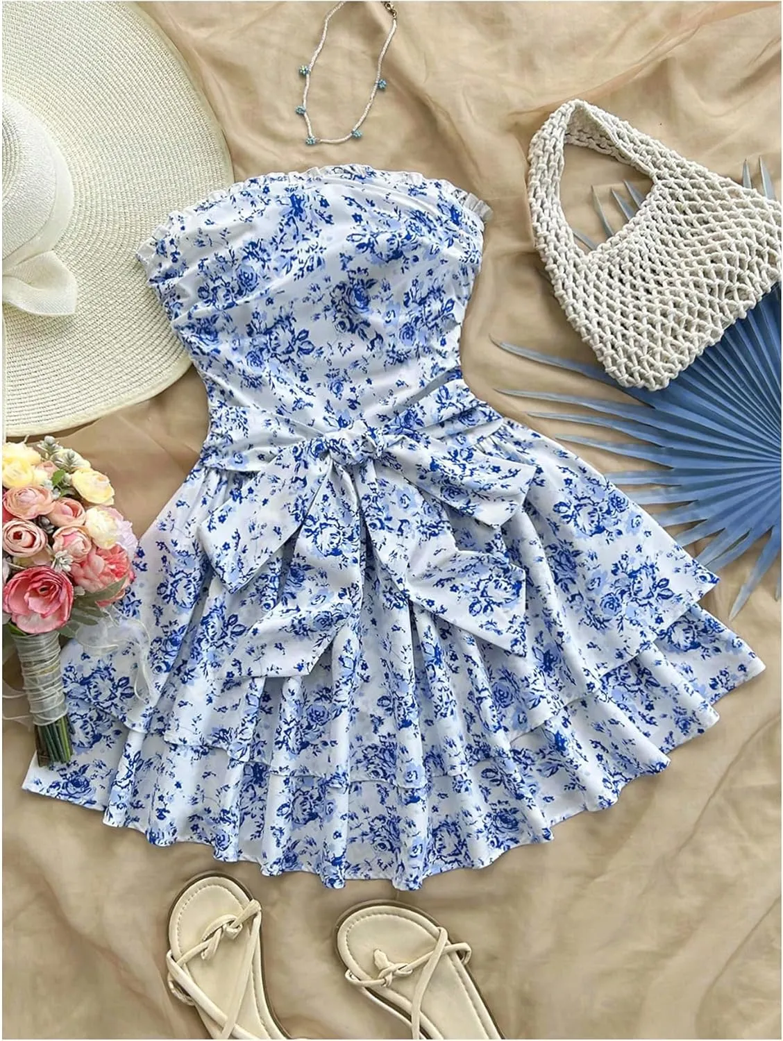 MakeMeChic Women's Ditsy Floral Bandeau Ruffle Tiered Shirred Bow Knot A Line Mini Dress