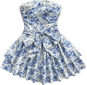 MakeMeChic Women's Ditsy Floral Bandeau Ruffle Tiered Shirred Bow Knot A Line Mini Dress