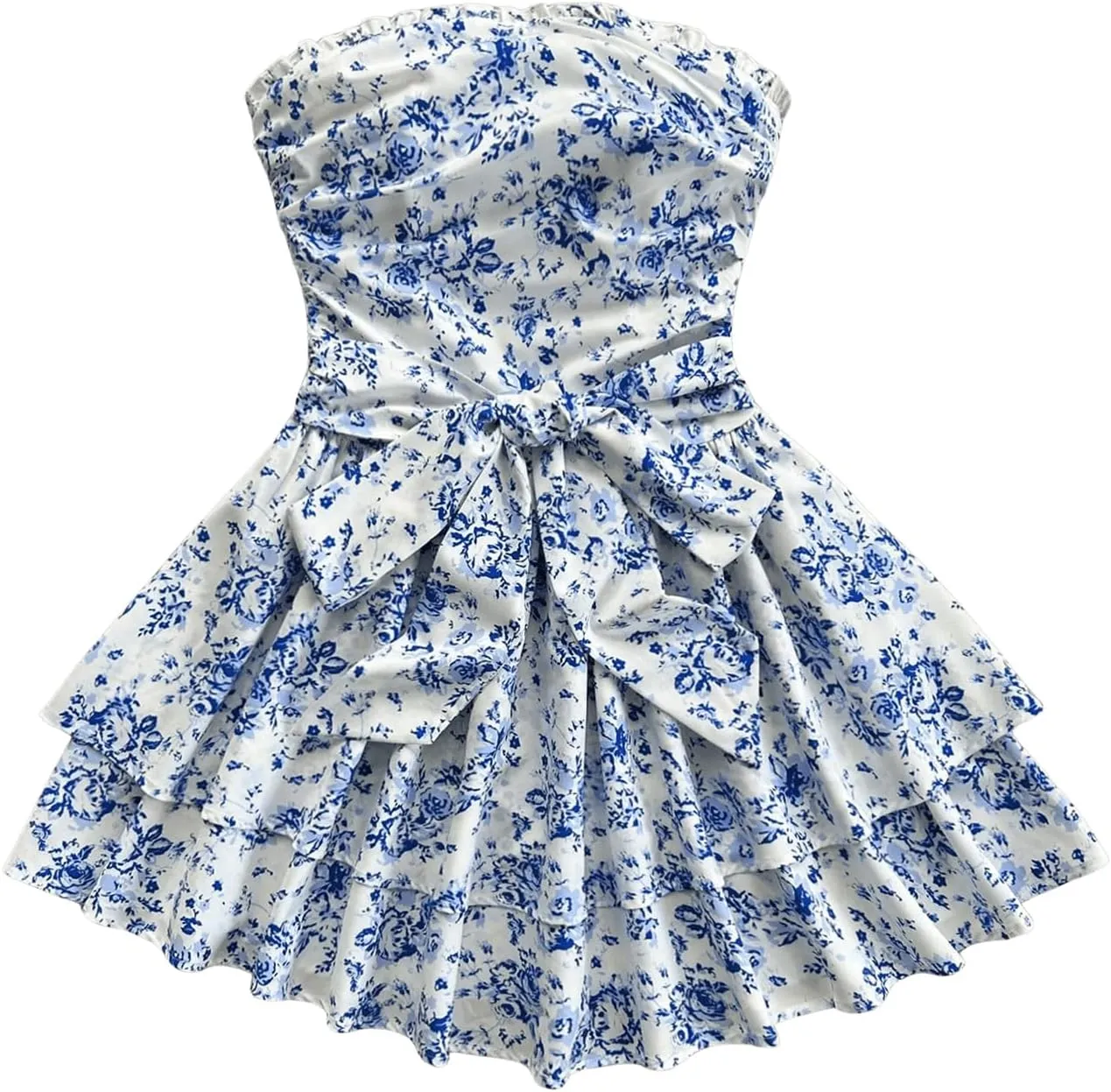 MakeMeChic Women's Ditsy Floral Bandeau Ruffle Tiered Shirred Bow Knot A Line Mini Dress