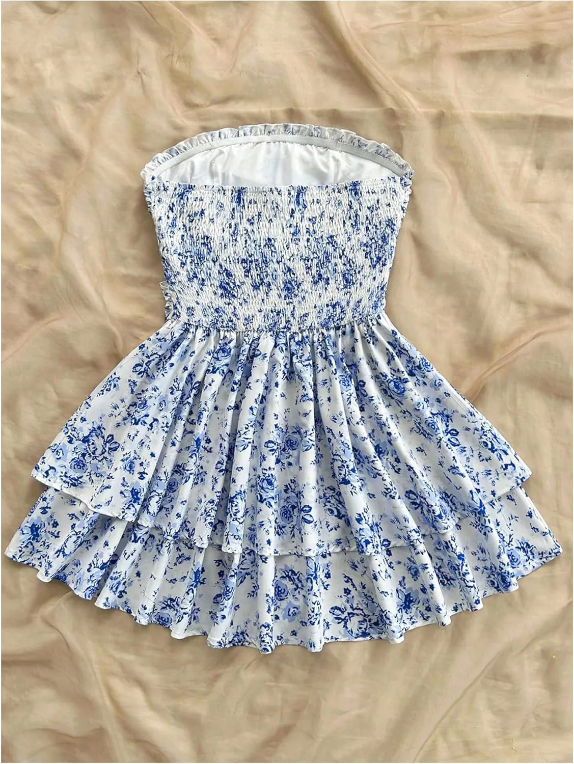MakeMeChic Women's Ditsy Floral Bandeau Ruffle Tiered Shirred Bow Knot A Line Mini Dress