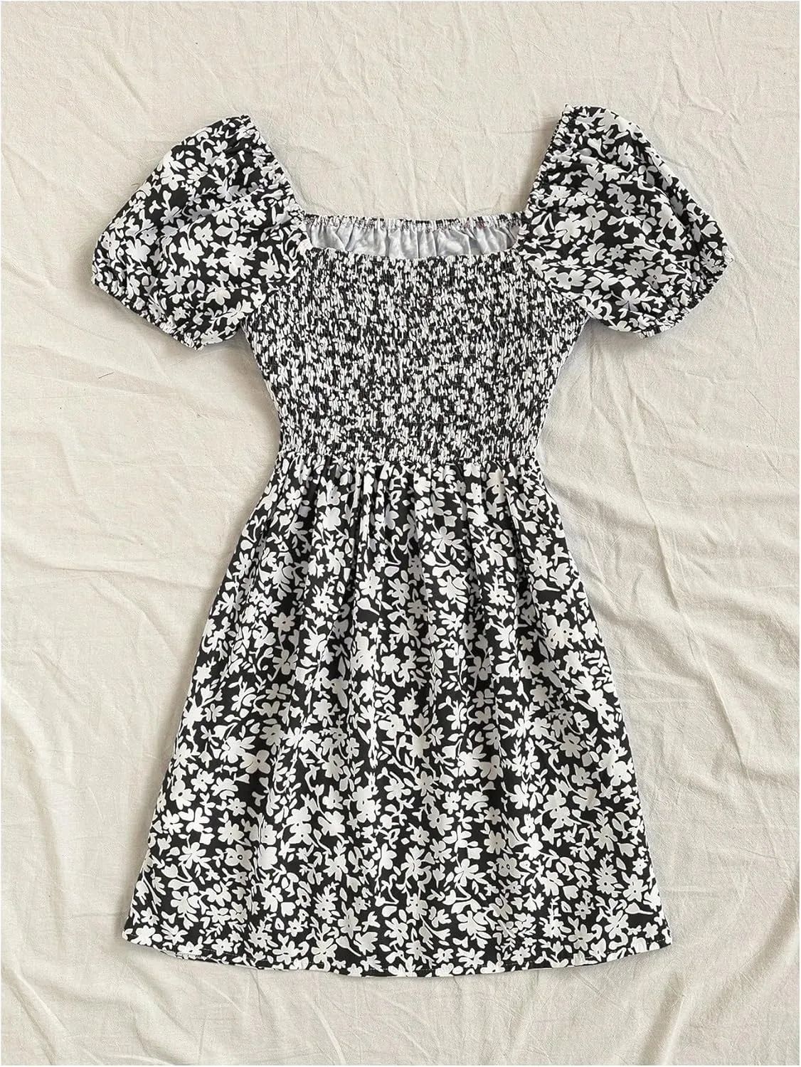 MakeMeChic Women's Floral Mini Dress Puff Sleeve Shirred Sundress Summer Dresses