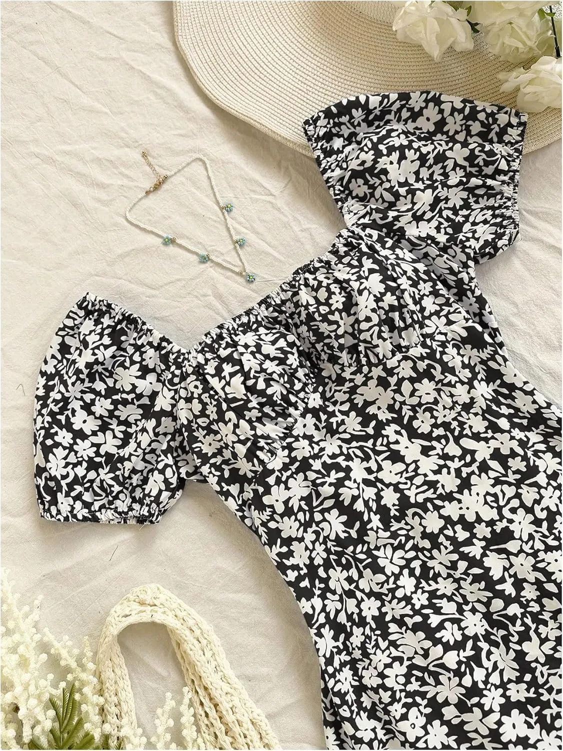 MakeMeChic Women's Floral Mini Dress Puff Sleeve Shirred Sundress Summer Dresses
