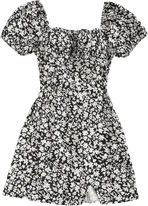MakeMeChic Women's Floral Mini Dress Puff Sleeve Shirred Sundress Summer Dresses