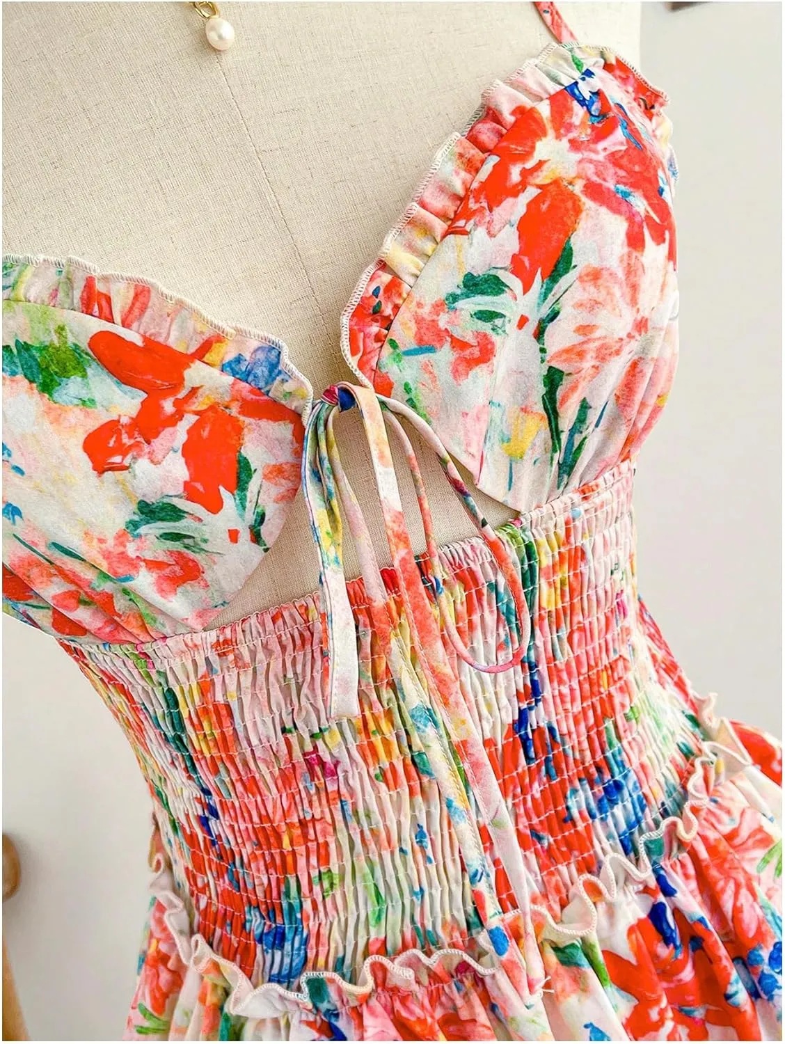 MakeMeChic Women's Floral Print Shirred Mini Dress Frill Trim Ruffle Tiered Boho Dresses