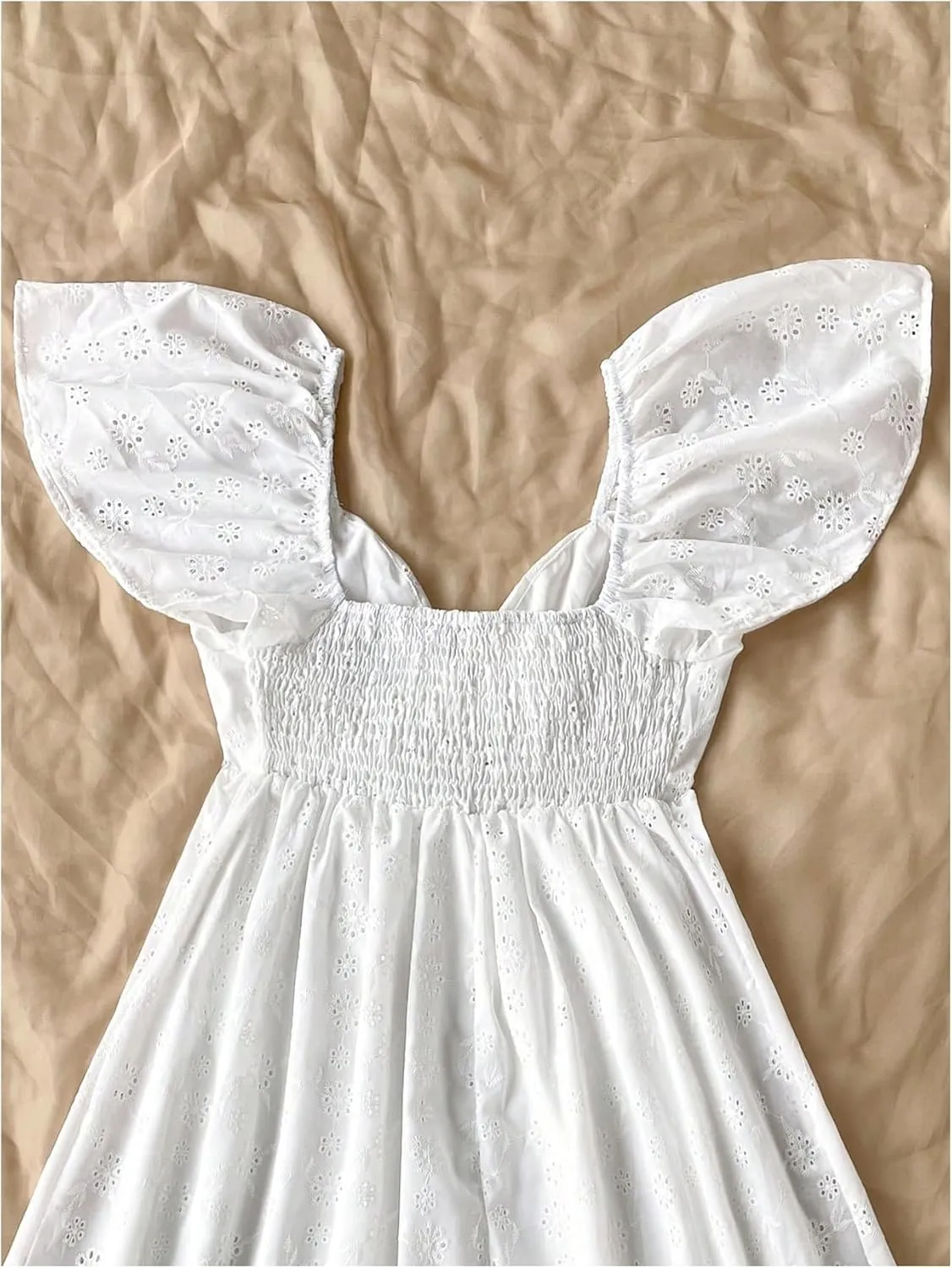 MakeMeChic Women's Flutter Sleeve Sweetheart Neck Shirred A Line Ruffle Summer Mini Dress