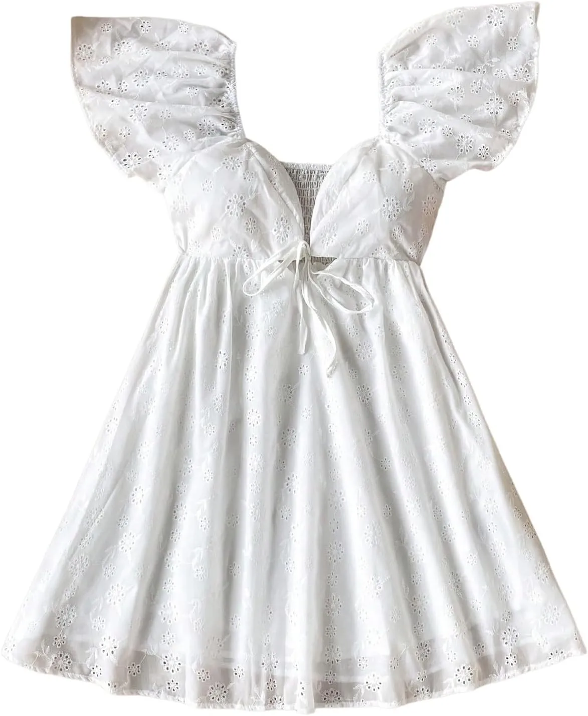 MakeMeChic Women's Flutter Sleeve Sweetheart Neck Shirred A Line Ruffle Summer Mini Dress
