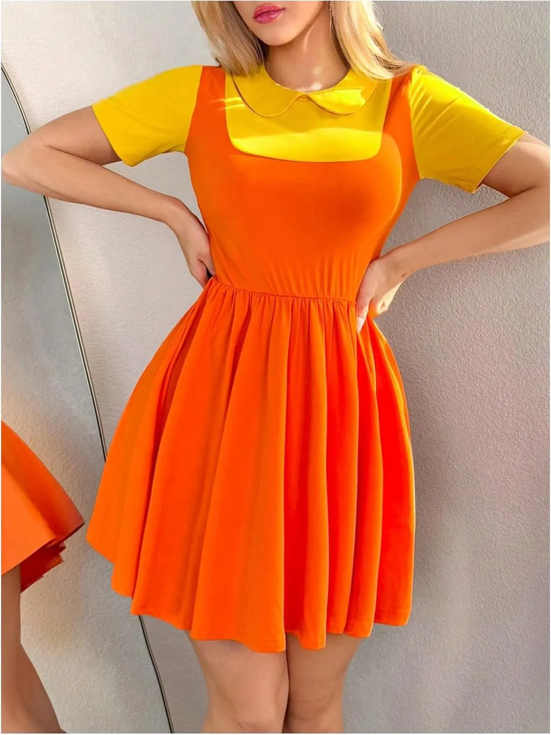 MakeMeChic Women's Korean Game Cosplay Costume Two Tone Crew Neck Mini Dress Short Sleeve Ruffle A Line Dresses