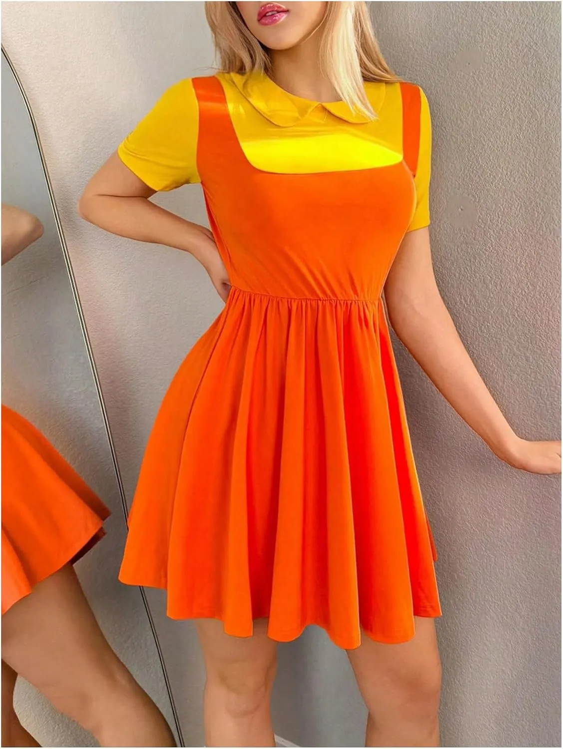 MakeMeChic Women's Korean Game Cosplay Costume Two Tone Crew Neck Mini Dress Short Sleeve Ruffle A Line Dresses