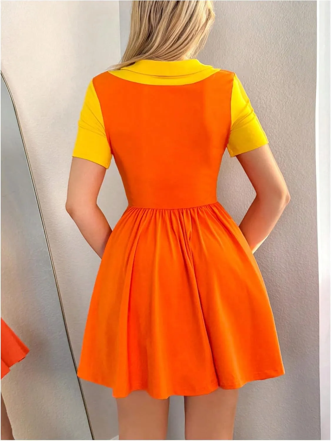 MakeMeChic Women's Korean Game Cosplay Costume Two Tone Crew Neck Mini Dress Short Sleeve Ruffle A Line Dresses