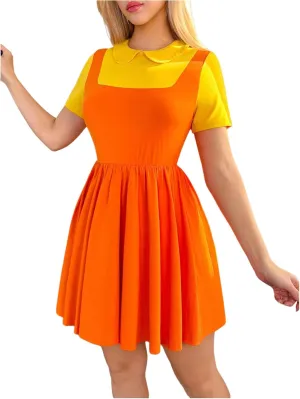 MakeMeChic Women's Korean Game Cosplay Costume Two Tone Crew Neck Mini Dress Short Sleeve Ruffle A Line Dresses