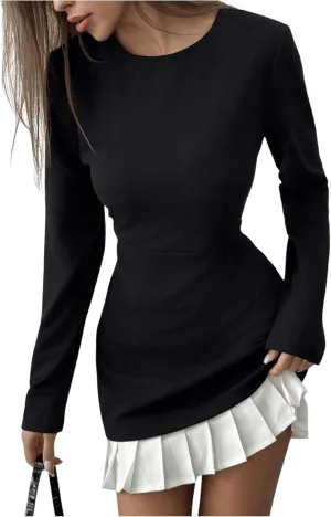 MakeMeChic Women's Long Sleeve Colorblock Dresses Ruffle Hem Pleated Bodycon Mini Dress