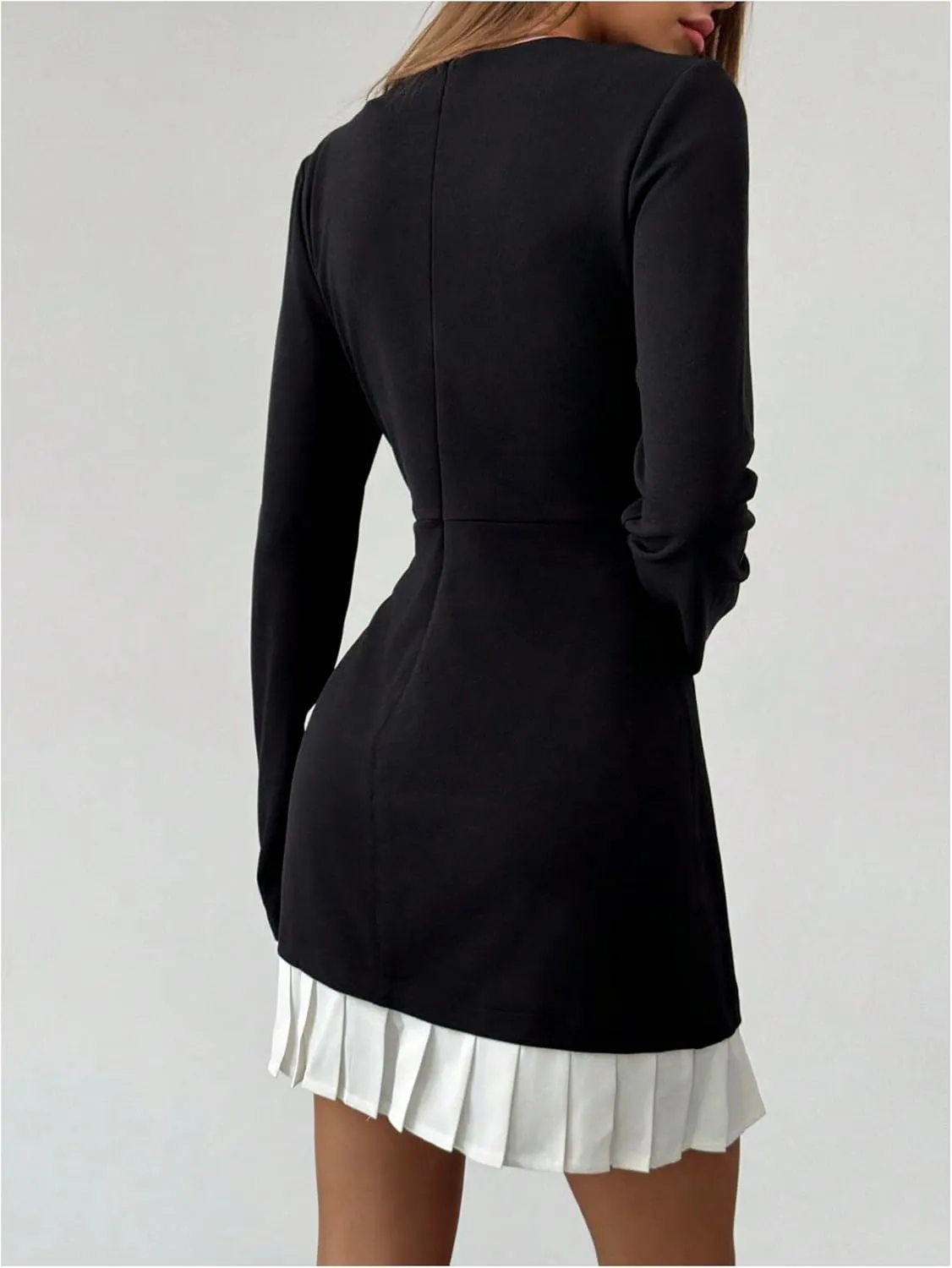 MakeMeChic Women's Long Sleeve Colorblock Dresses Ruffle Hem Pleated Bodycon Mini Dress