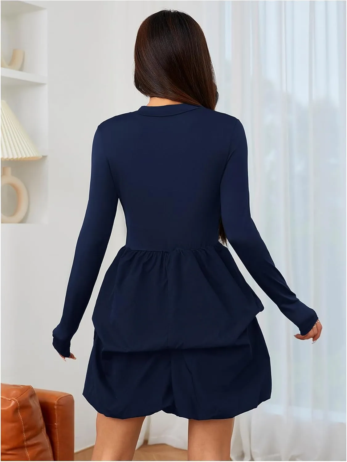 MakeMeChic Women's Long Sleeve Mock Neck Mini Dress Ruffle Hem A Line Short Dresses