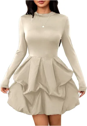 MakeMeChic Women's Long Sleeve Mock Neck Mini Dress Ruffle Hem A Line Short Dresses