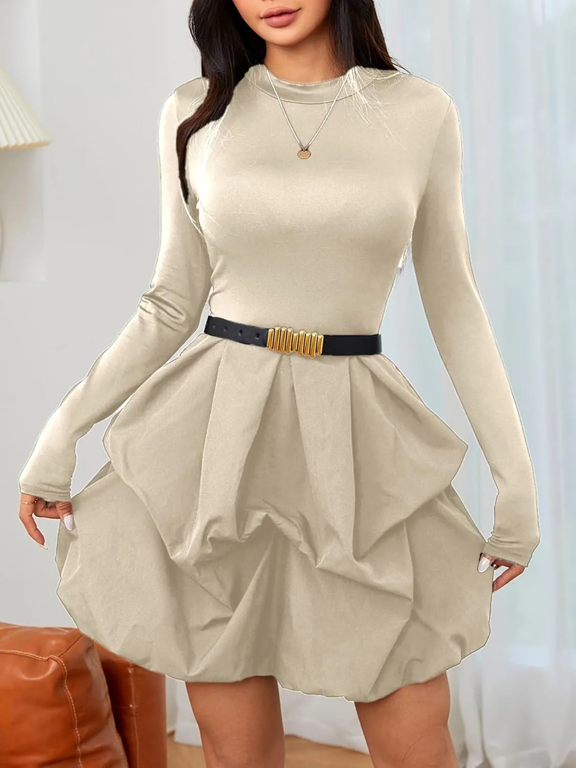 MakeMeChic Women's Long Sleeve Mock Neck Mini Dress Ruffle Hem A Line Short Dresses