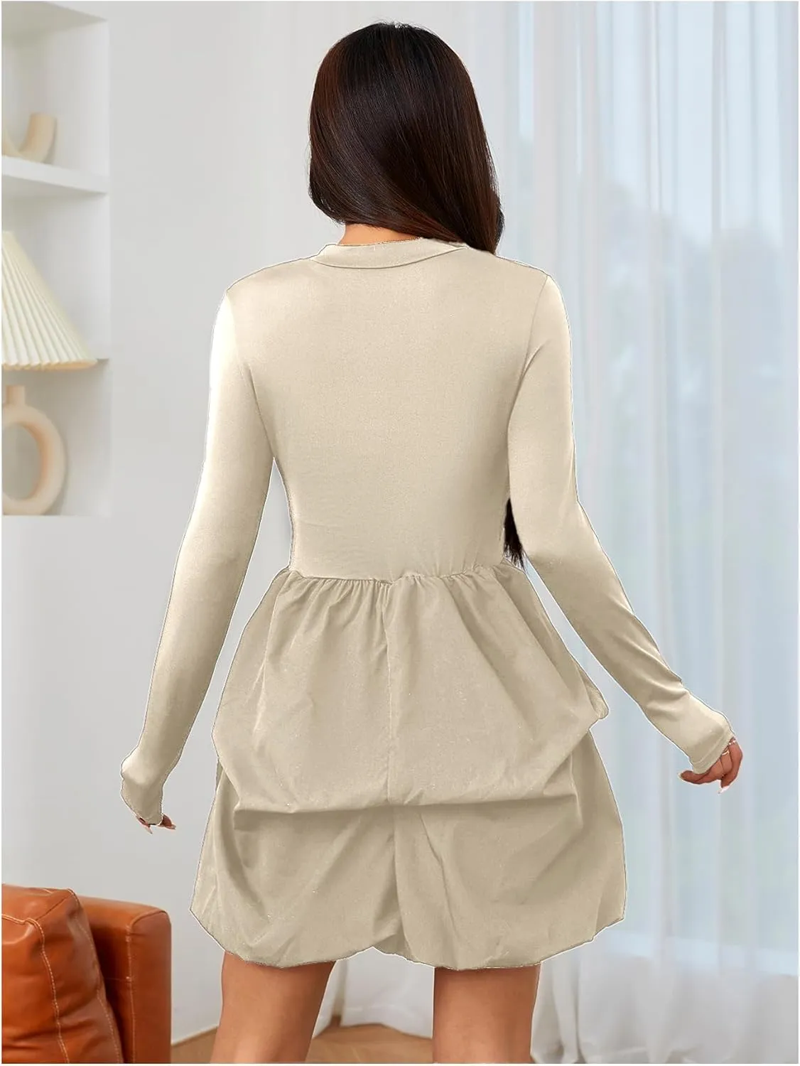 MakeMeChic Women's Long Sleeve Mock Neck Mini Dress Ruffle Hem A Line Short Dresses