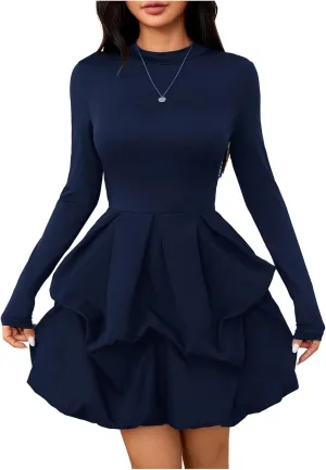 MakeMeChic Women's Long Sleeve Mock Neck Mini Dress Ruffle Hem A Line Short Dresses
