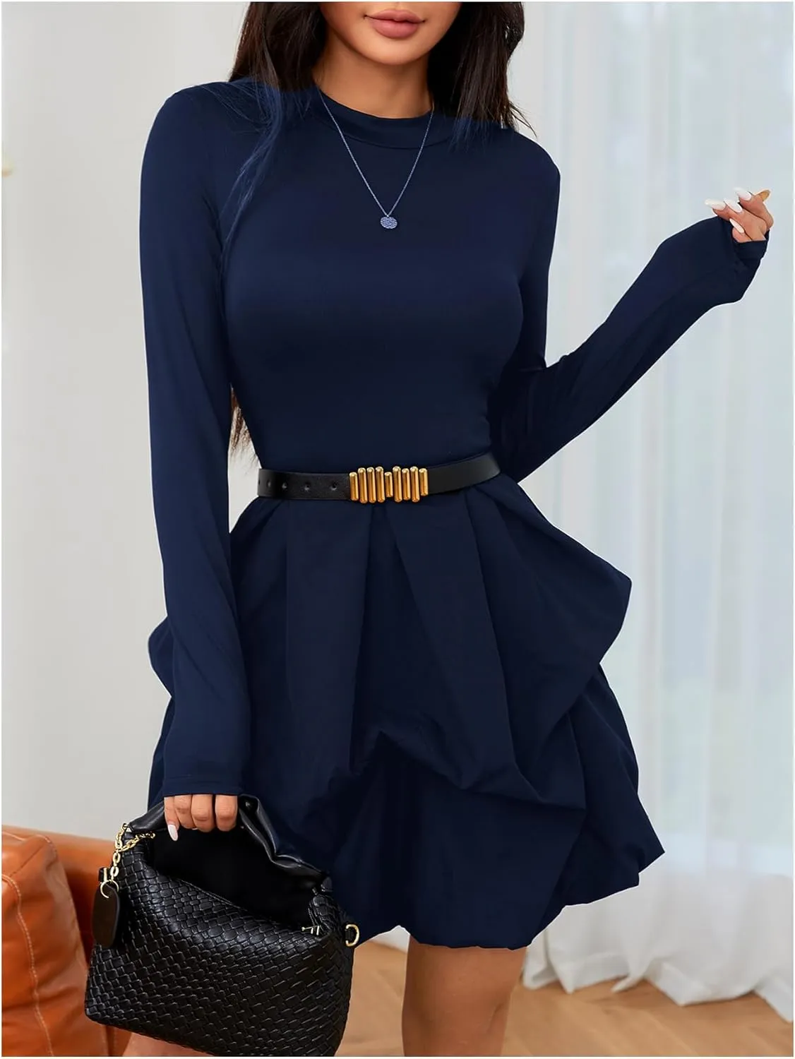 MakeMeChic Women's Long Sleeve Mock Neck Mini Dress Ruffle Hem A Line Short Dresses