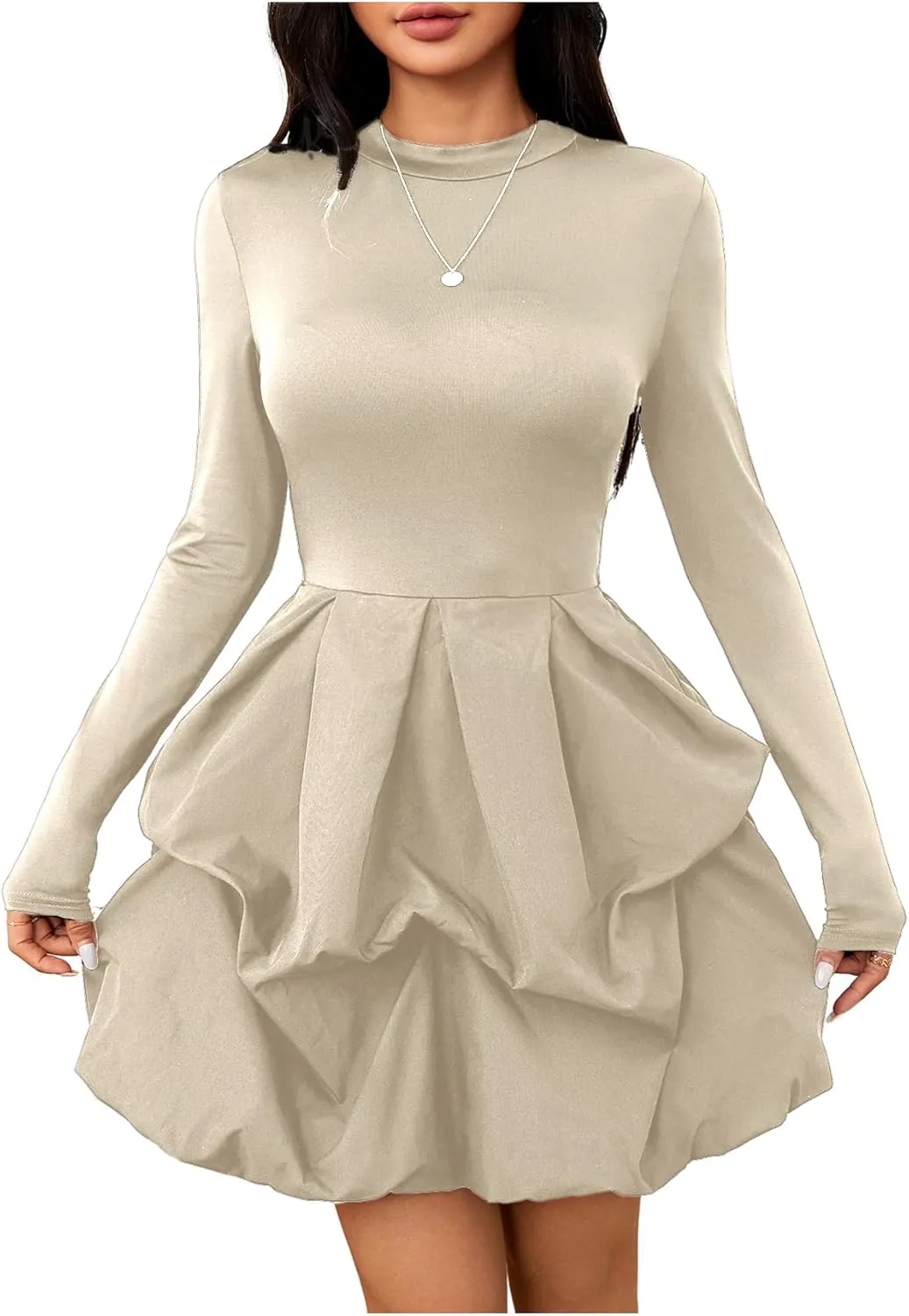MakeMeChic Women's Long Sleeve Mock Neck Mini Dress Ruffle Hem A Line Short Dresses