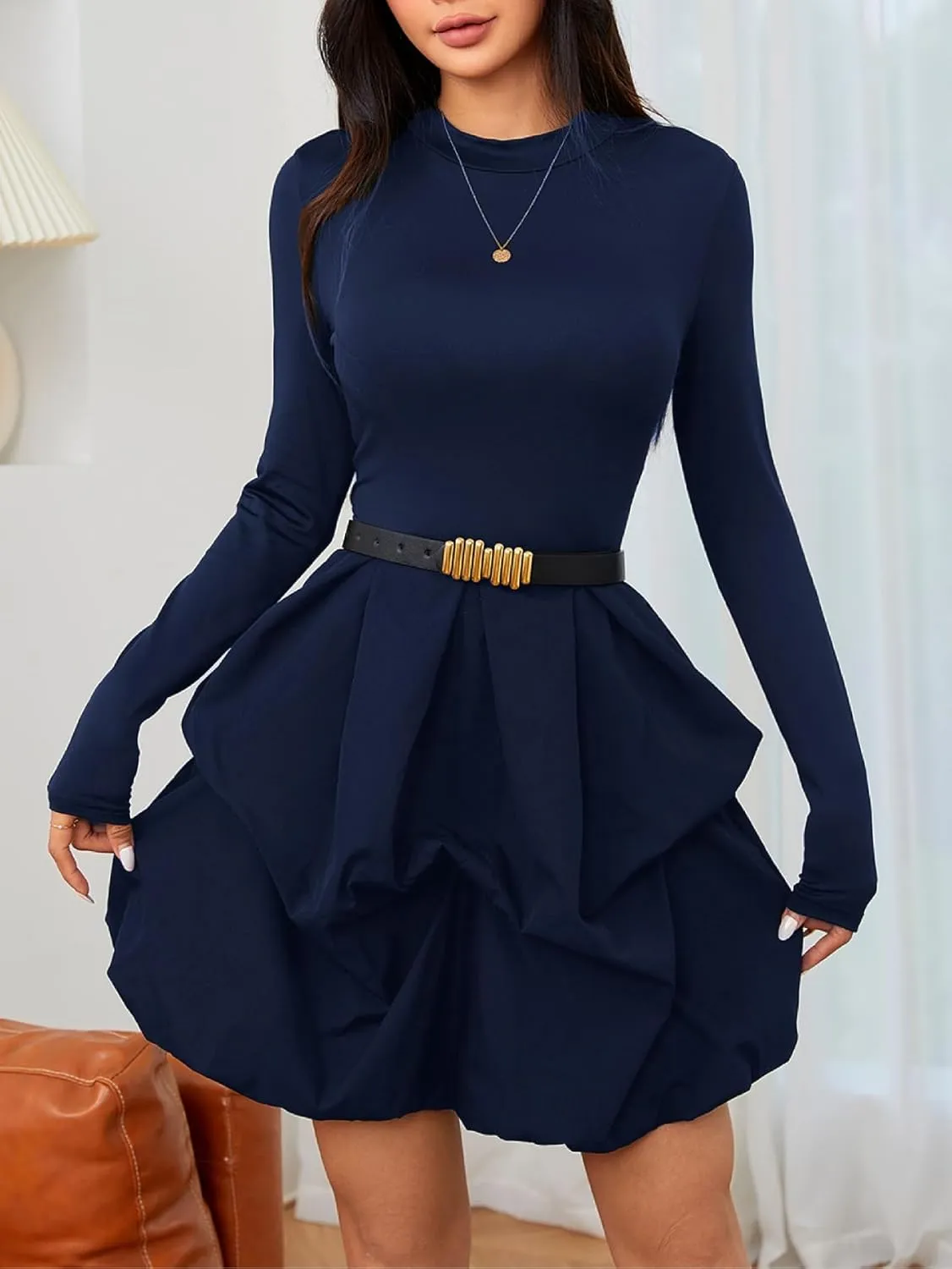 MakeMeChic Women's Long Sleeve Mock Neck Mini Dress Ruffle Hem A Line Short Dresses