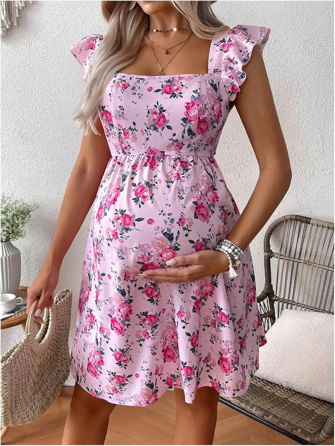 MakeMeChic Women's Maternity Dress Floral Ruffle Sleeve Tie Back A Line Pregnancy Mini Dresses