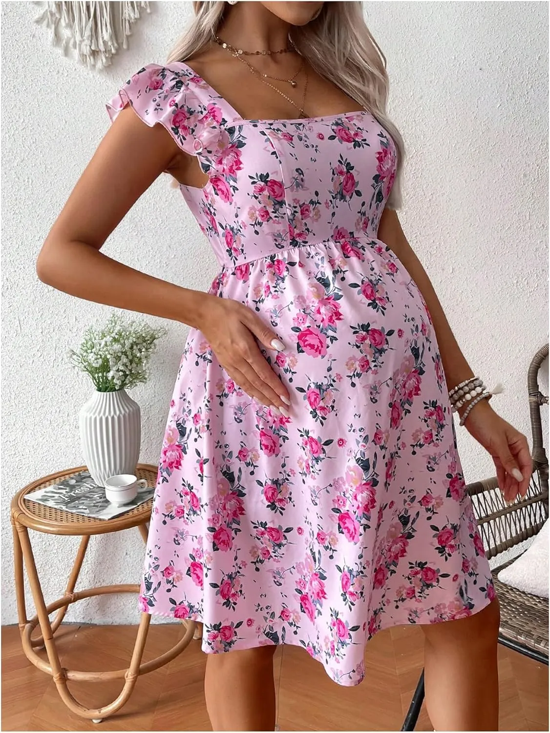 MakeMeChic Women's Maternity Dress Floral Ruffle Sleeve Tie Back A Line Pregnancy Mini Dresses