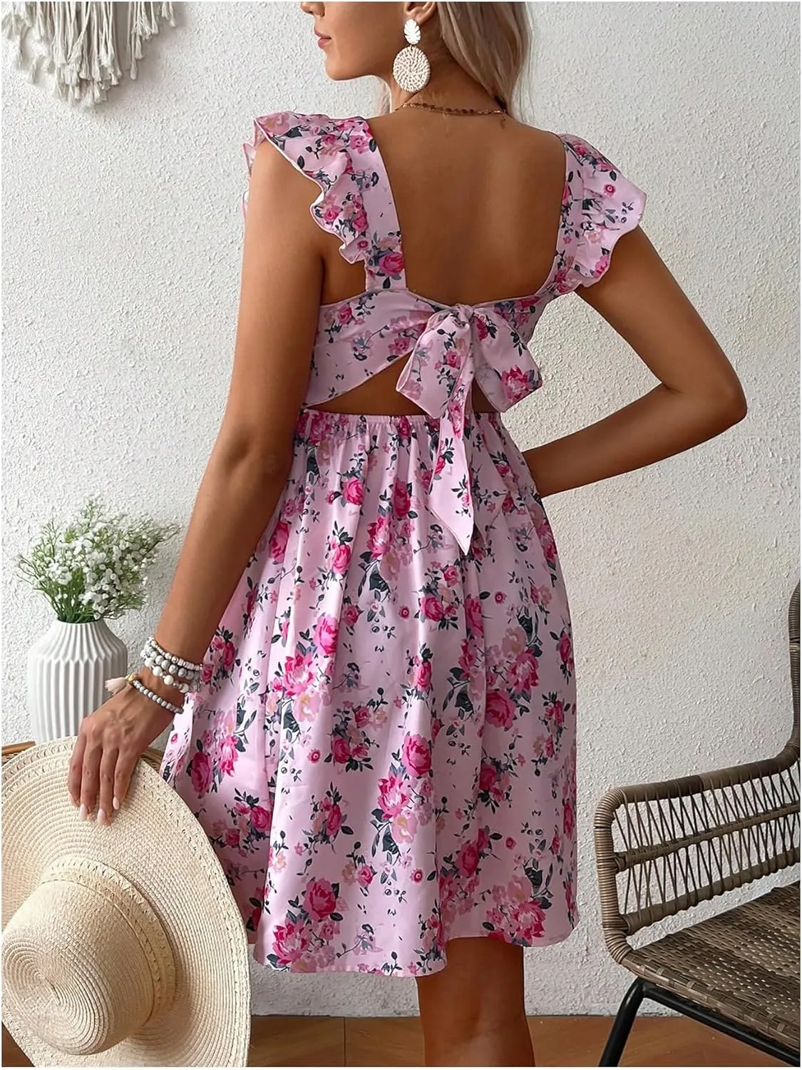 MakeMeChic Women's Maternity Dress Floral Ruffle Sleeve Tie Back A Line Pregnancy Mini Dresses
