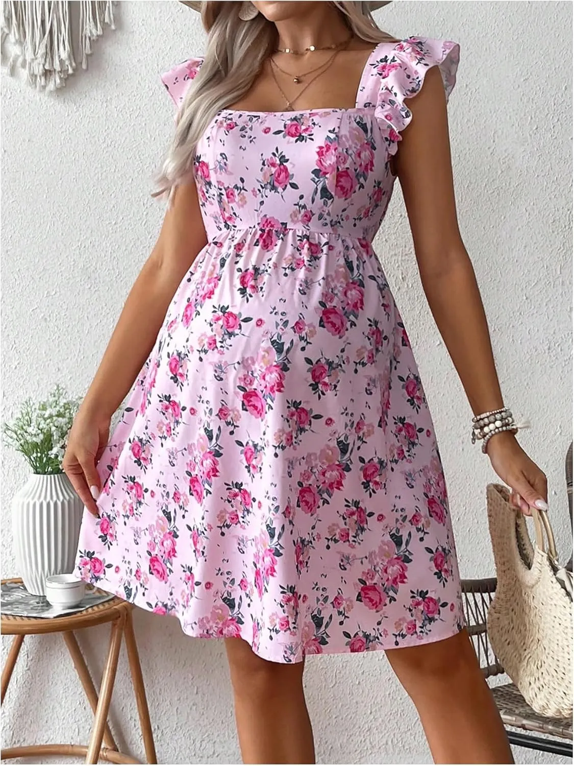 MakeMeChic Women's Maternity Dress Floral Ruffle Sleeve Tie Back A Line Pregnancy Mini Dresses