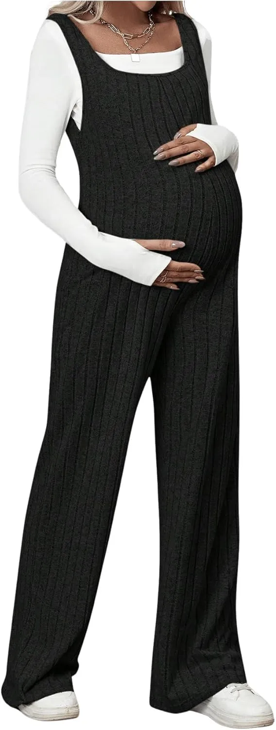 MakeMeChic Women's Maternity Jumpsuits Sleeveless Rib Knitted Straight Leg Overalls Romper