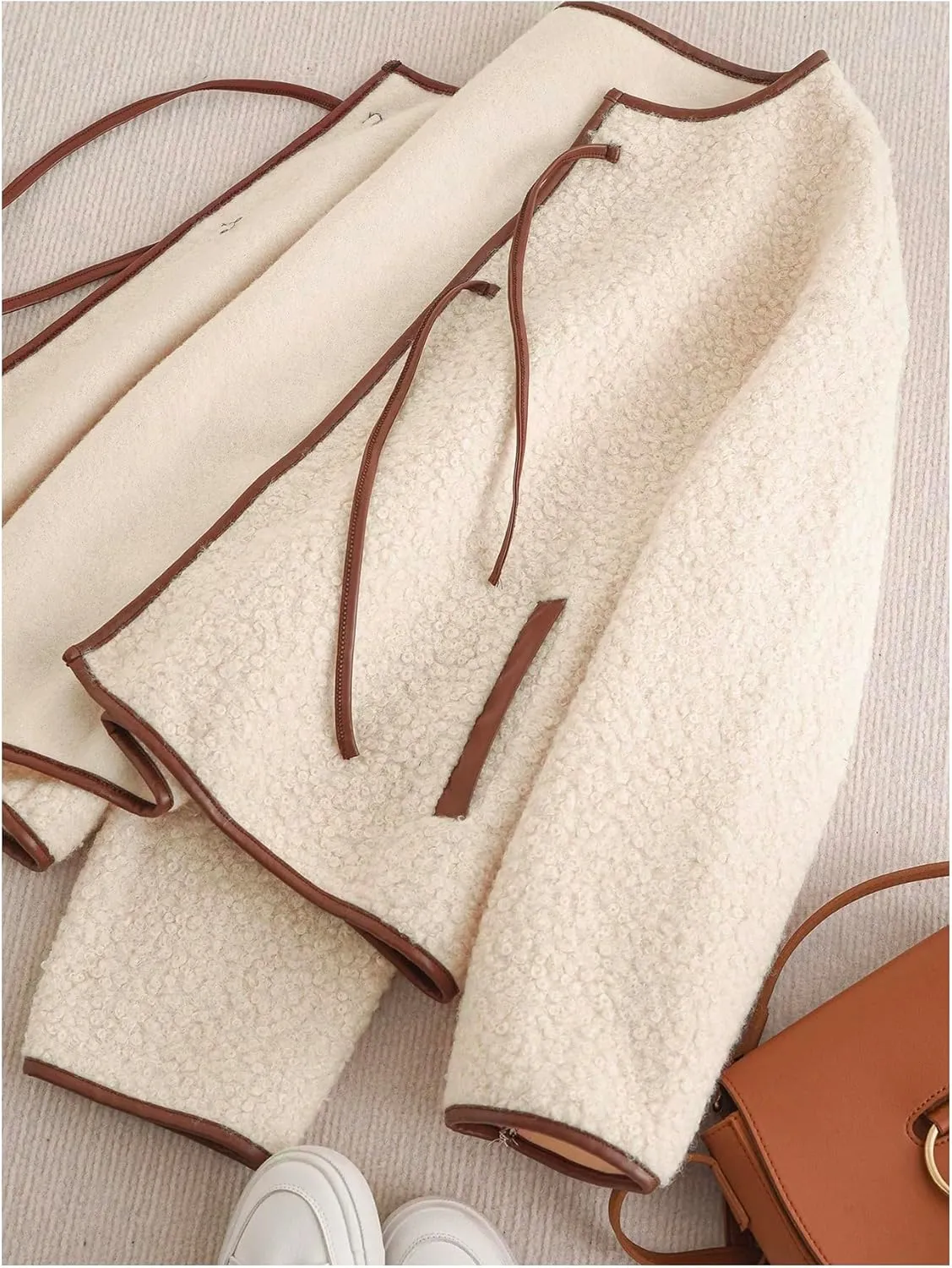 MakeMeChic Women's Plus Size Faux Fur Coat Tie Front Tops Crew Neck Long Sleeve Teddy Jacket