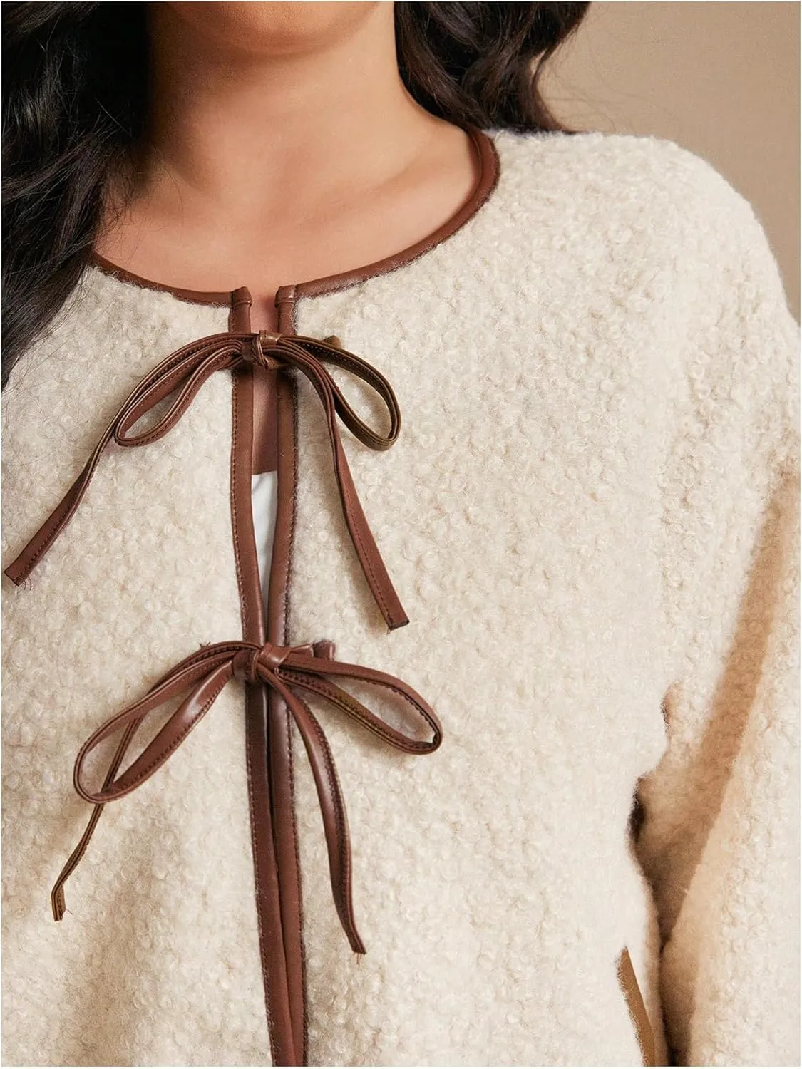 MakeMeChic Women's Plus Size Faux Fur Coat Tie Front Tops Crew Neck Long Sleeve Teddy Jacket