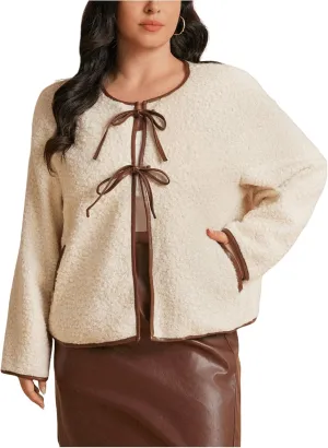 MakeMeChic Women's Plus Size Faux Fur Coat Tie Front Tops Crew Neck Long Sleeve Teddy Jacket