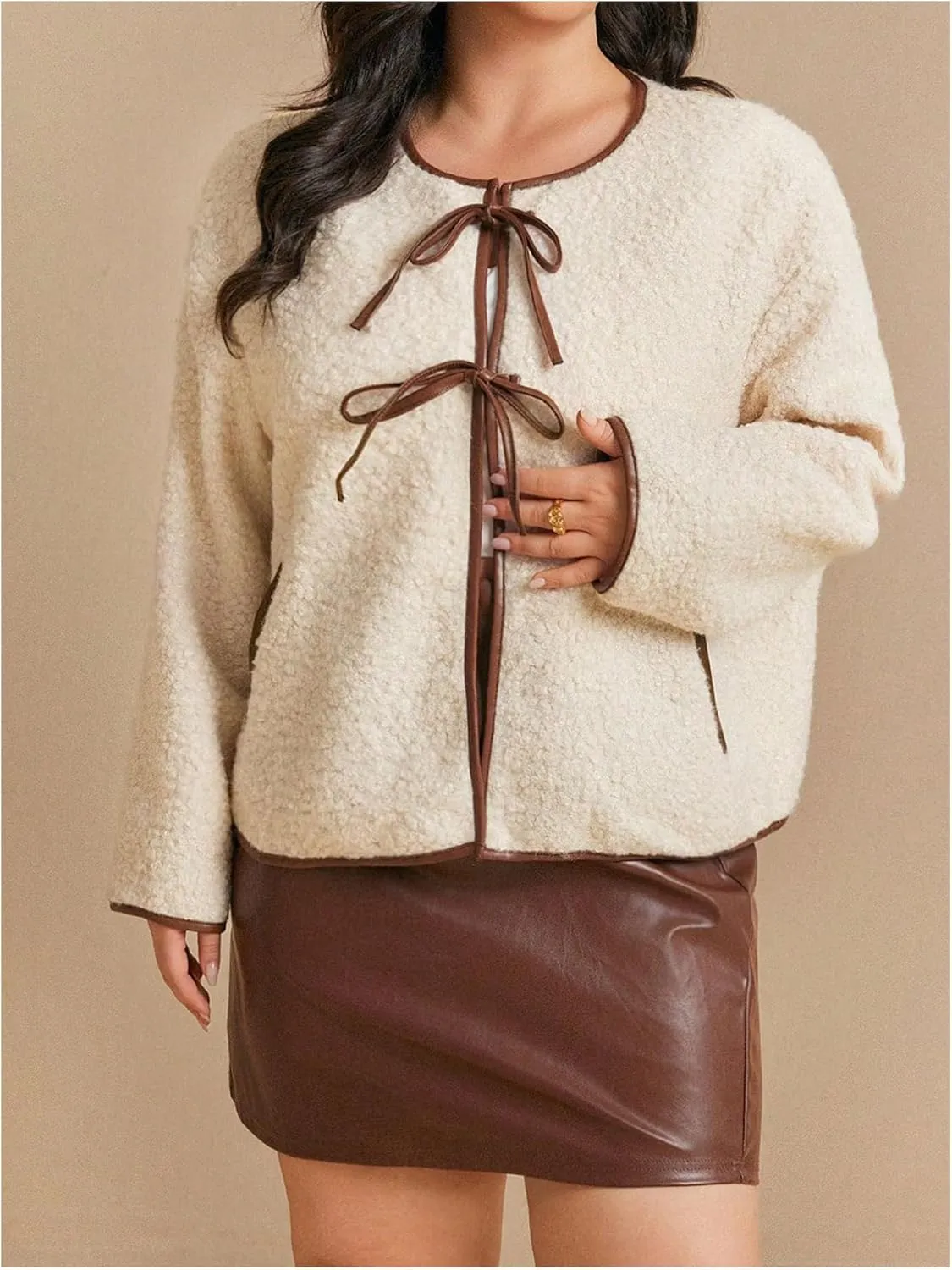 MakeMeChic Women's Plus Size Faux Fur Coat Tie Front Tops Crew Neck Long Sleeve Teddy Jacket