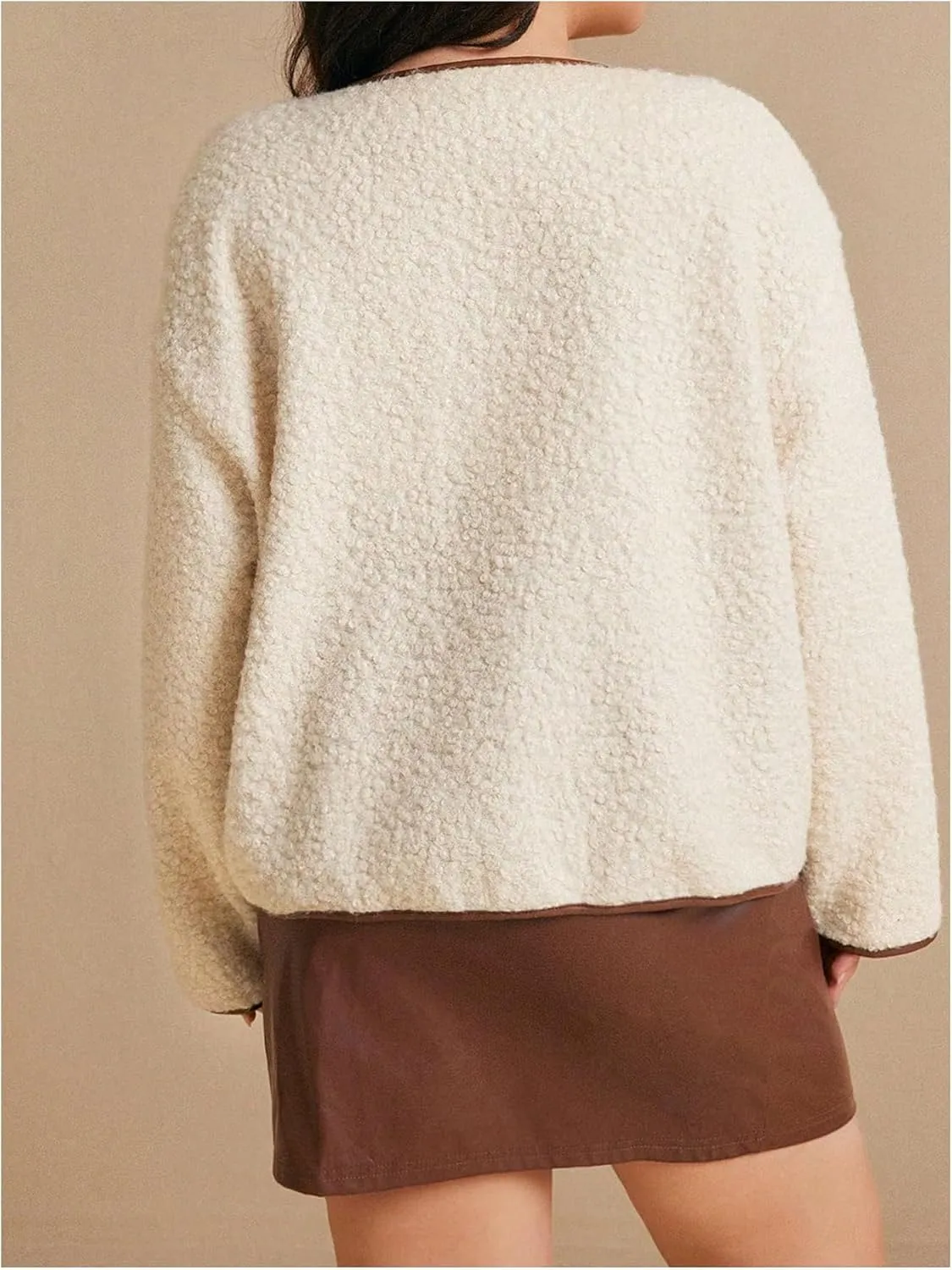 MakeMeChic Women's Plus Size Faux Fur Coat Tie Front Tops Crew Neck Long Sleeve Teddy Jacket