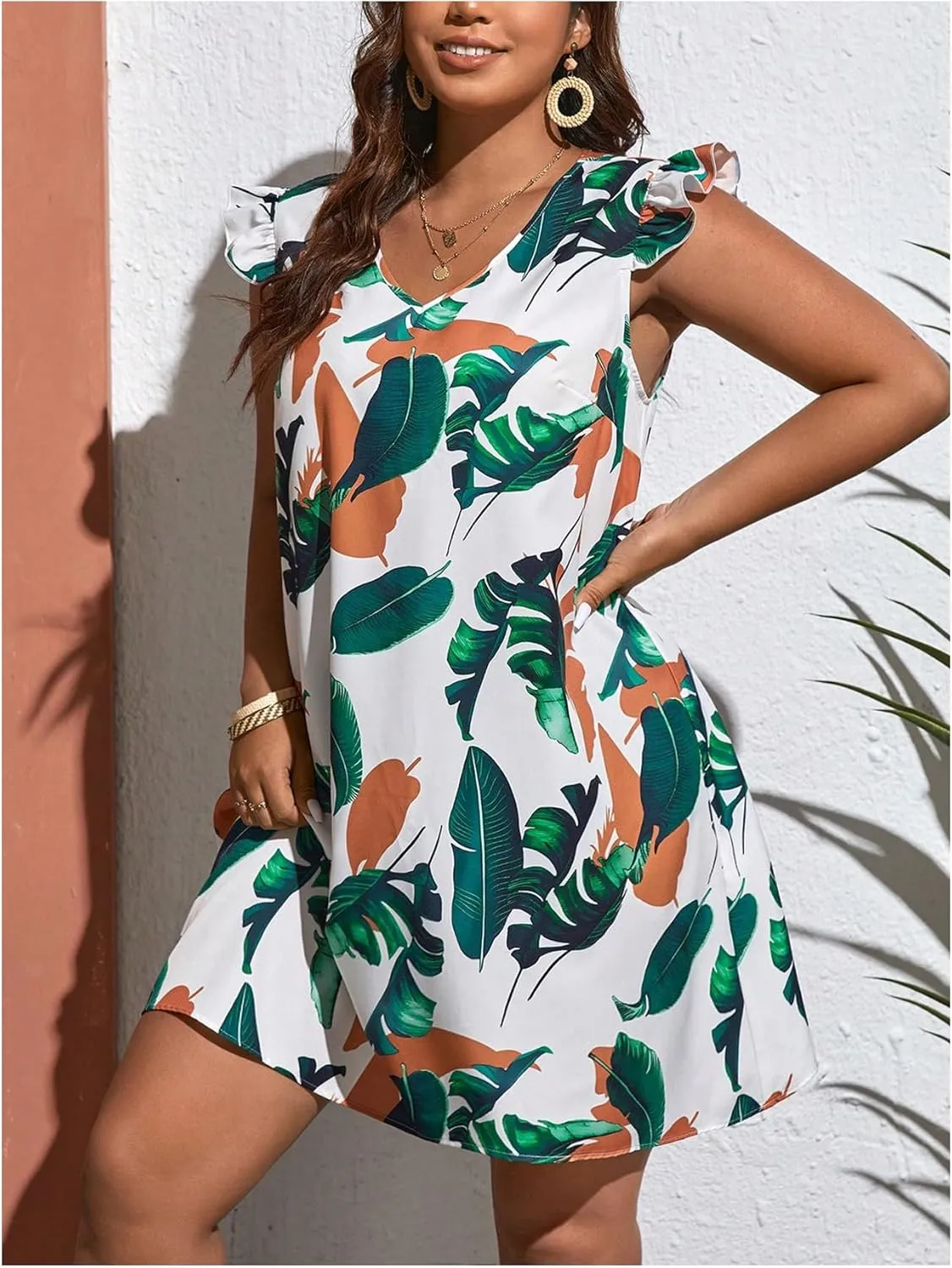 MakeMeChic Women's Plus Size Tropical Print V Neck Ruffle Cap Sleeve Tunic Dresses Flared A Line Mini Dress