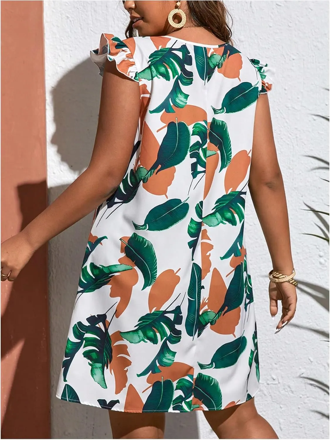 MakeMeChic Women's Plus Size Tropical Print V Neck Ruffle Cap Sleeve Tunic Dresses Flared A Line Mini Dress
