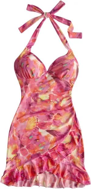 MakeMeChic Women's Summer Mini Dress Tie Dye Halter Backless Ruffle Trim Bodycon Sundress