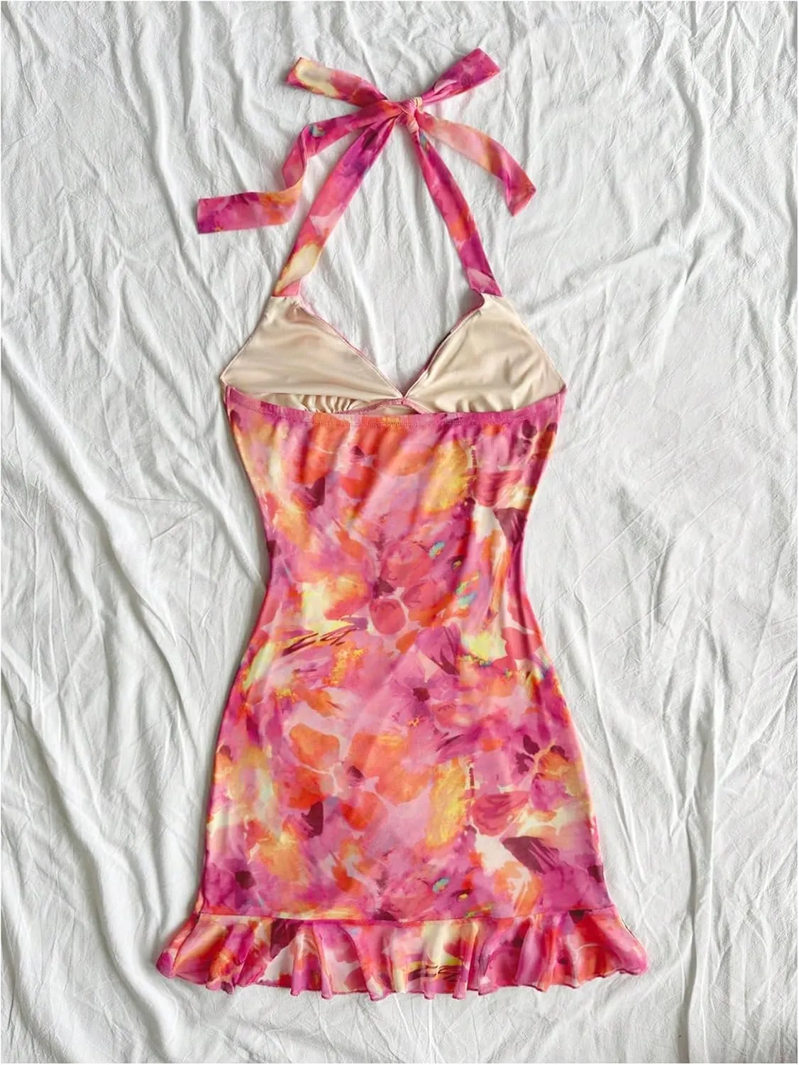 MakeMeChic Women's Summer Mini Dress Tie Dye Halter Backless Ruffle Trim Bodycon Sundress