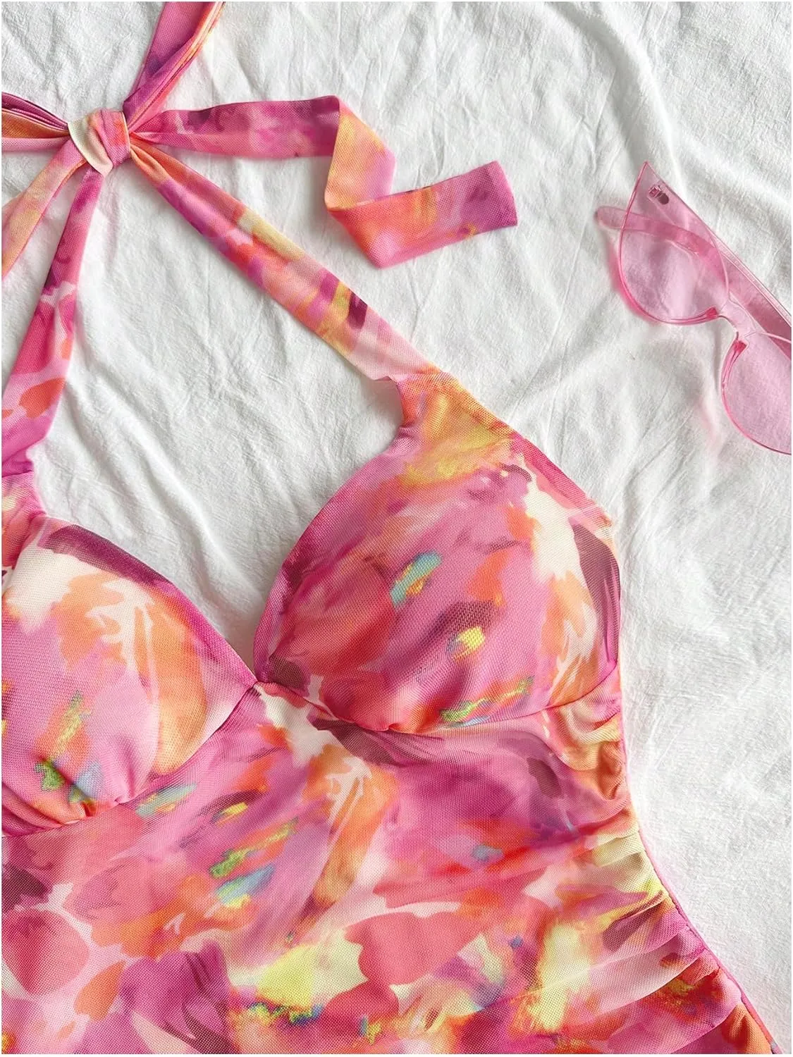 MakeMeChic Women's Summer Mini Dress Tie Dye Halter Backless Ruffle Trim Bodycon Sundress