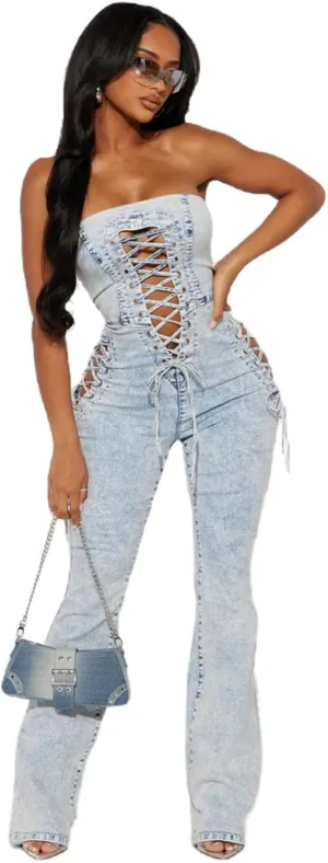 Mandonce Denim Jumpsuit For Women Sleeveless Hollow One Shoulder Cutout Zipper Strappy Jean Jumpsuit Denim Summer Romper Sexy