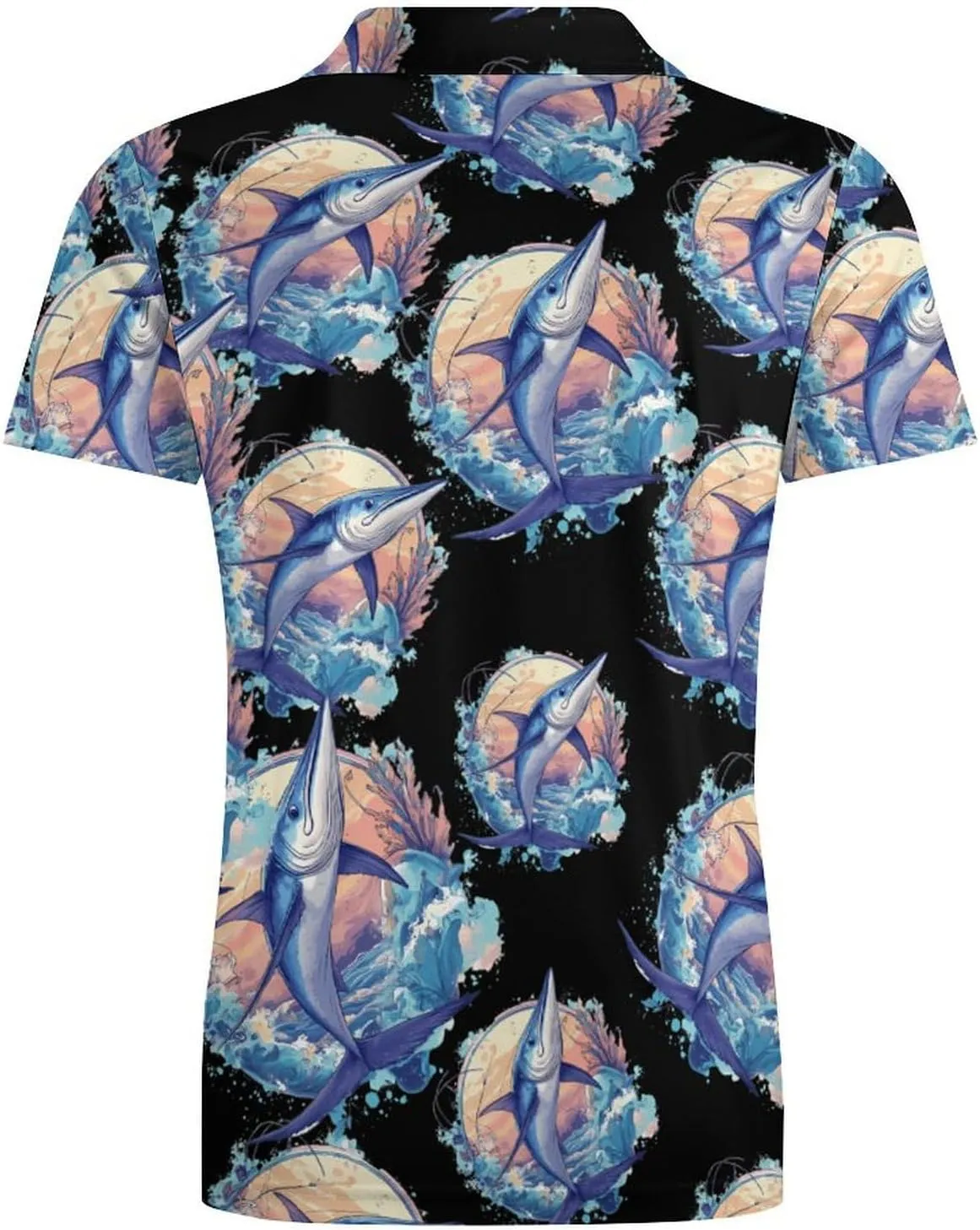 Marlin Fish Fishing Waves Men's Polo-Shirt Regular-Fit Short Sleeve Sports Quick Dry Golf Tennis T-Shirt