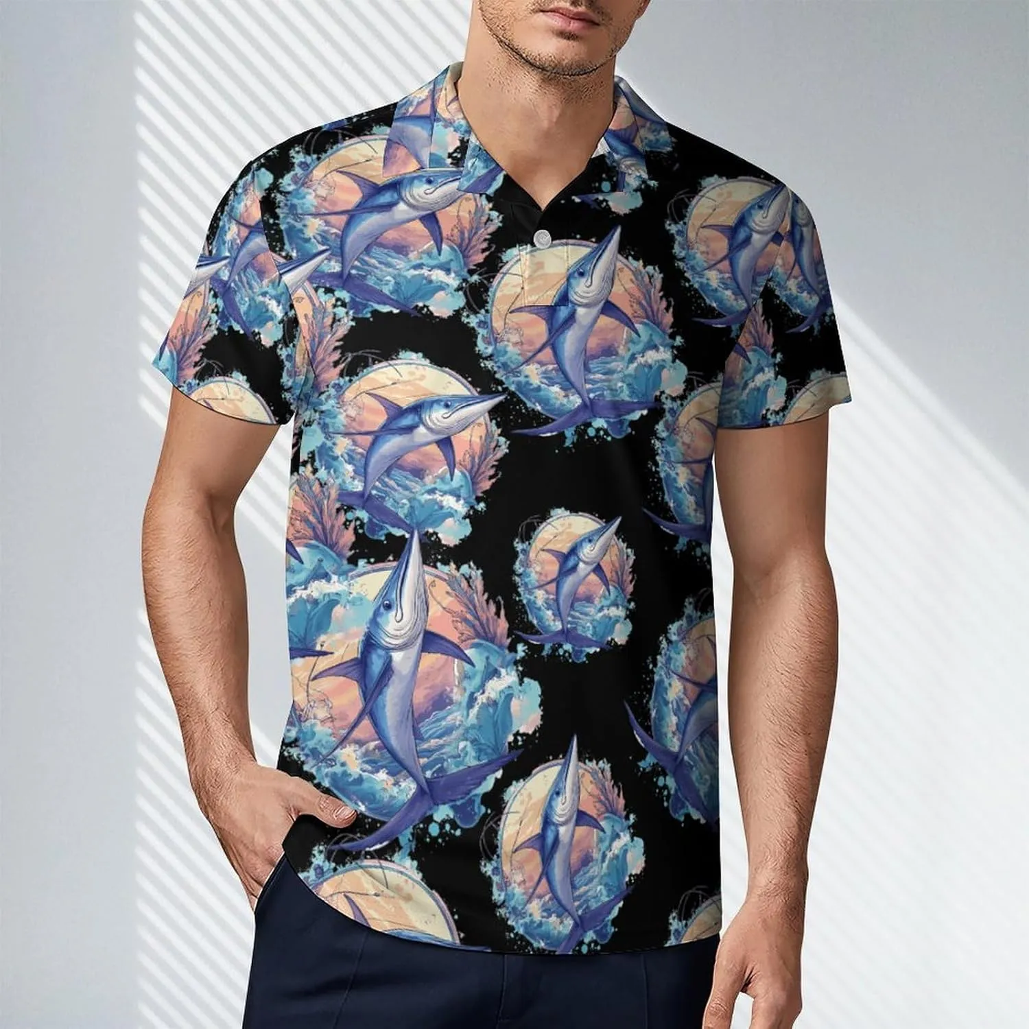 Marlin Fish Fishing Waves Men's Polo-Shirt Regular-Fit Short Sleeve Sports Quick Dry Golf Tennis T-Shirt
