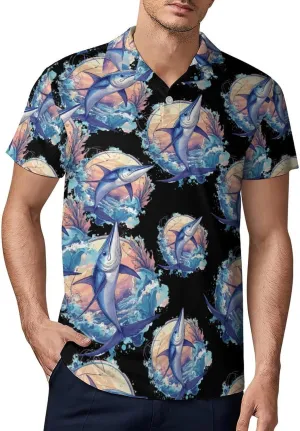 Marlin Fish Fishing Waves Men's Polo-Shirt Regular-Fit Short Sleeve Sports Quick Dry Golf Tennis T-Shirt