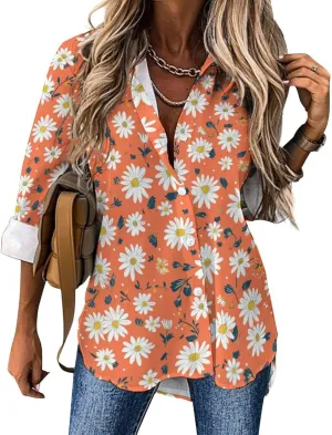 MARSVOVO Hawaiian Shirt for Women Fashion Boho Floral Print Long Sleeve Blouse Button Down V Neck Soft Shirt
