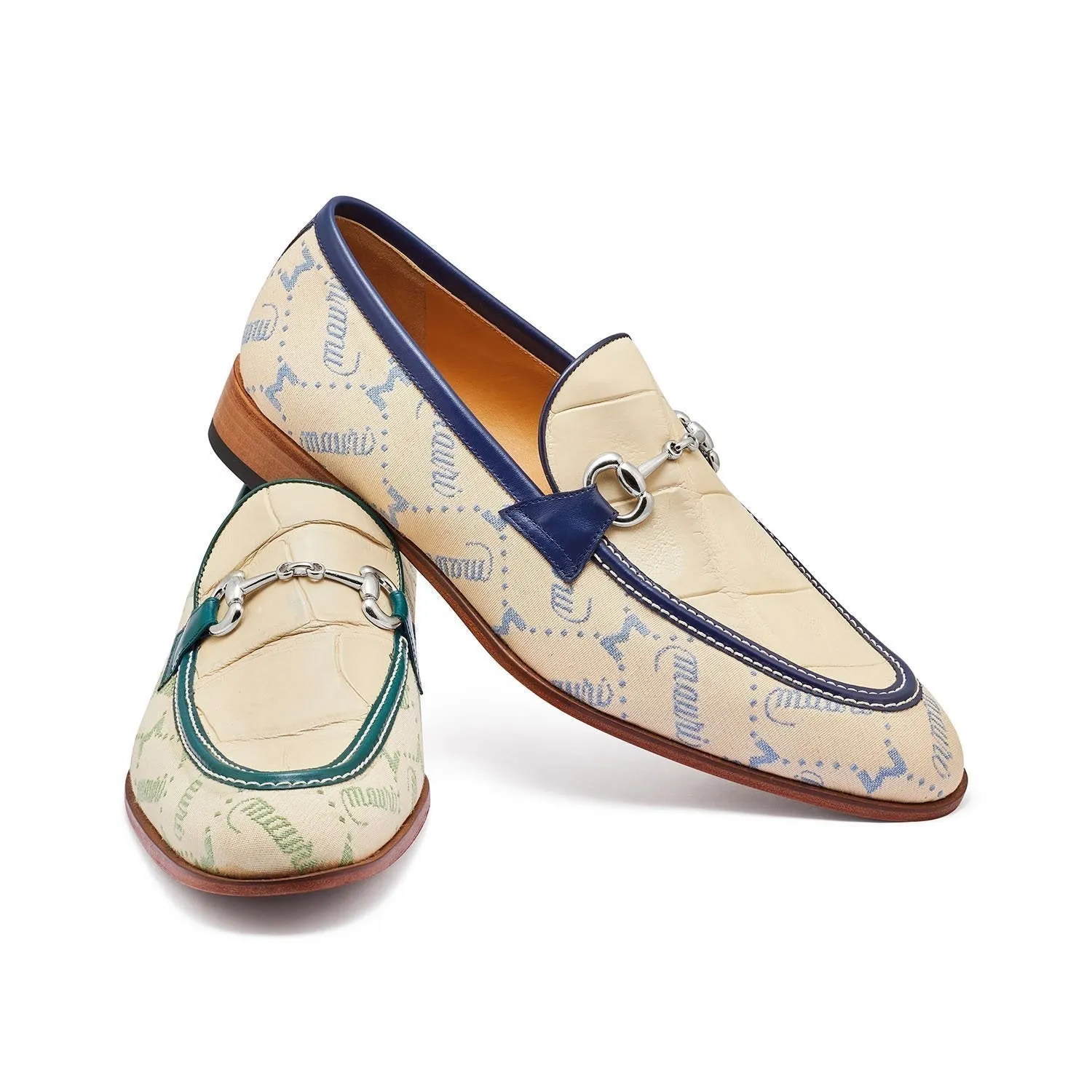 Mauri 4983 Bahamas Men's Shoes Cream, Sky Lark & Indigo Blue Exotic Alligator/ Fabric / Calf-Skin Leather Horsebit Loafers (MA5301)