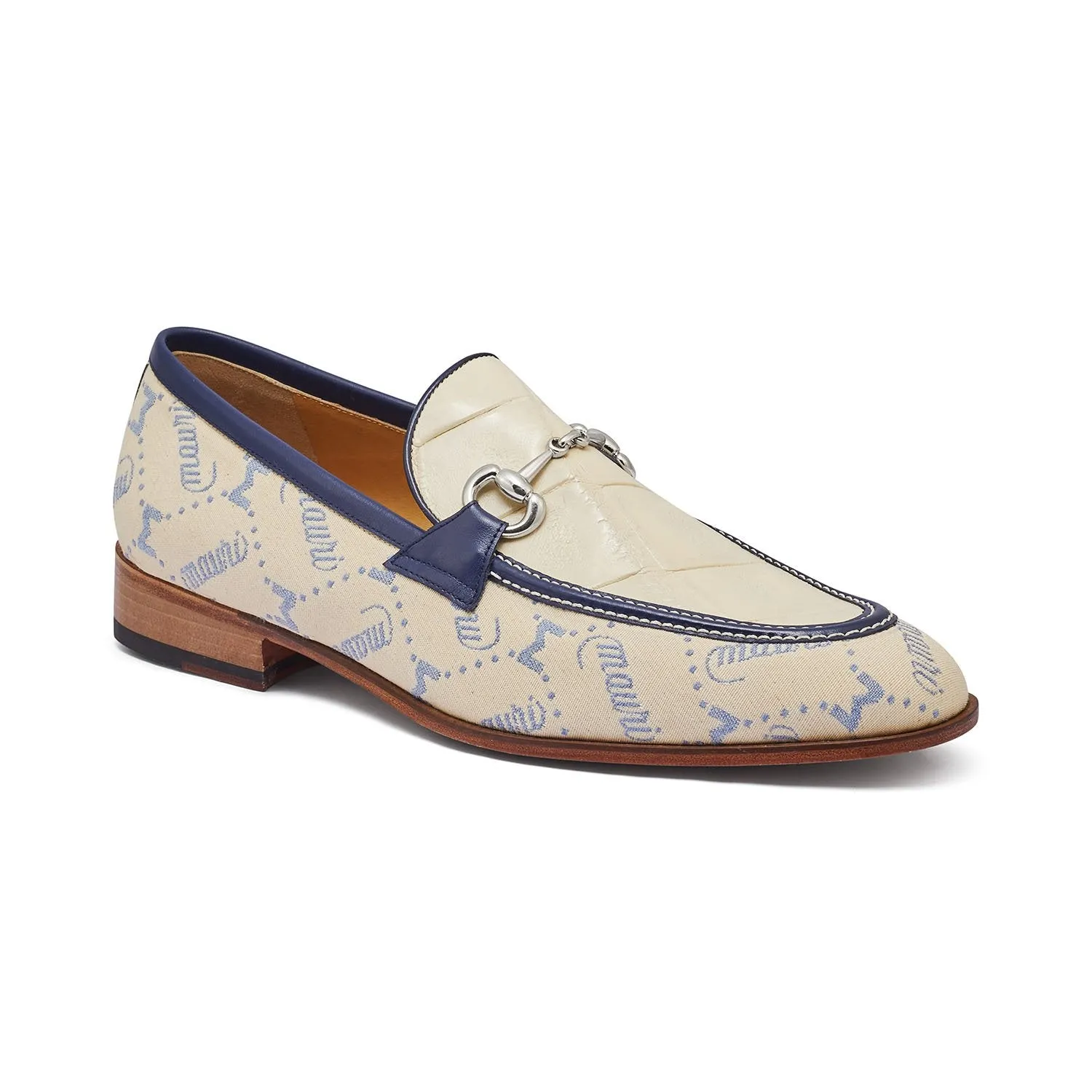Mauri 4983 Bahamas Men's Shoes Cream, Sky Lark & Indigo Blue Exotic Alligator/ Fabric / Calf-Skin Leather Horsebit Loafers (MA5301)