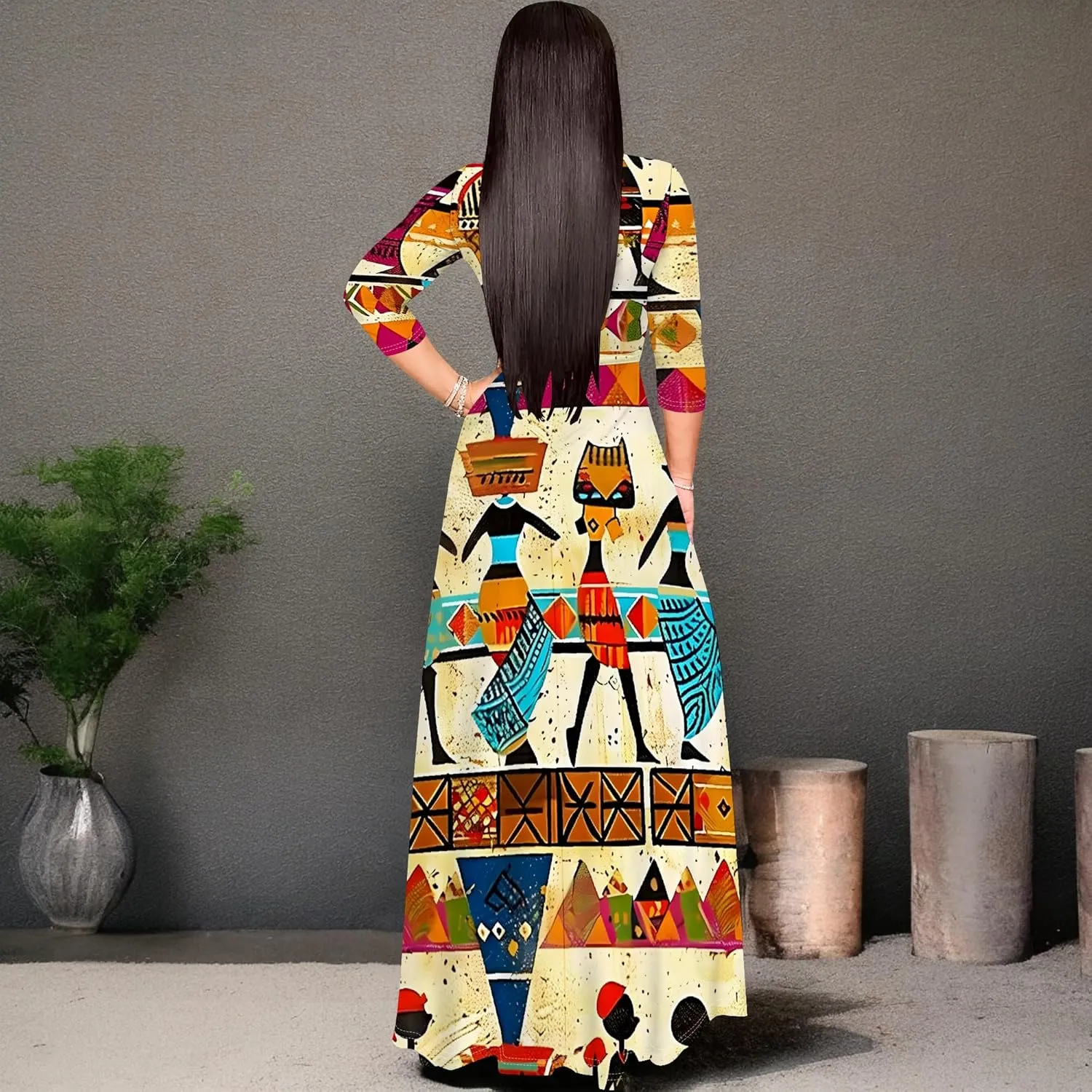 Maxi Dress Women Casual Print Waist wrap Long Dress Sexy V-Neck 3/4 Sleeve Wedding Guest Cocktail S-3XL