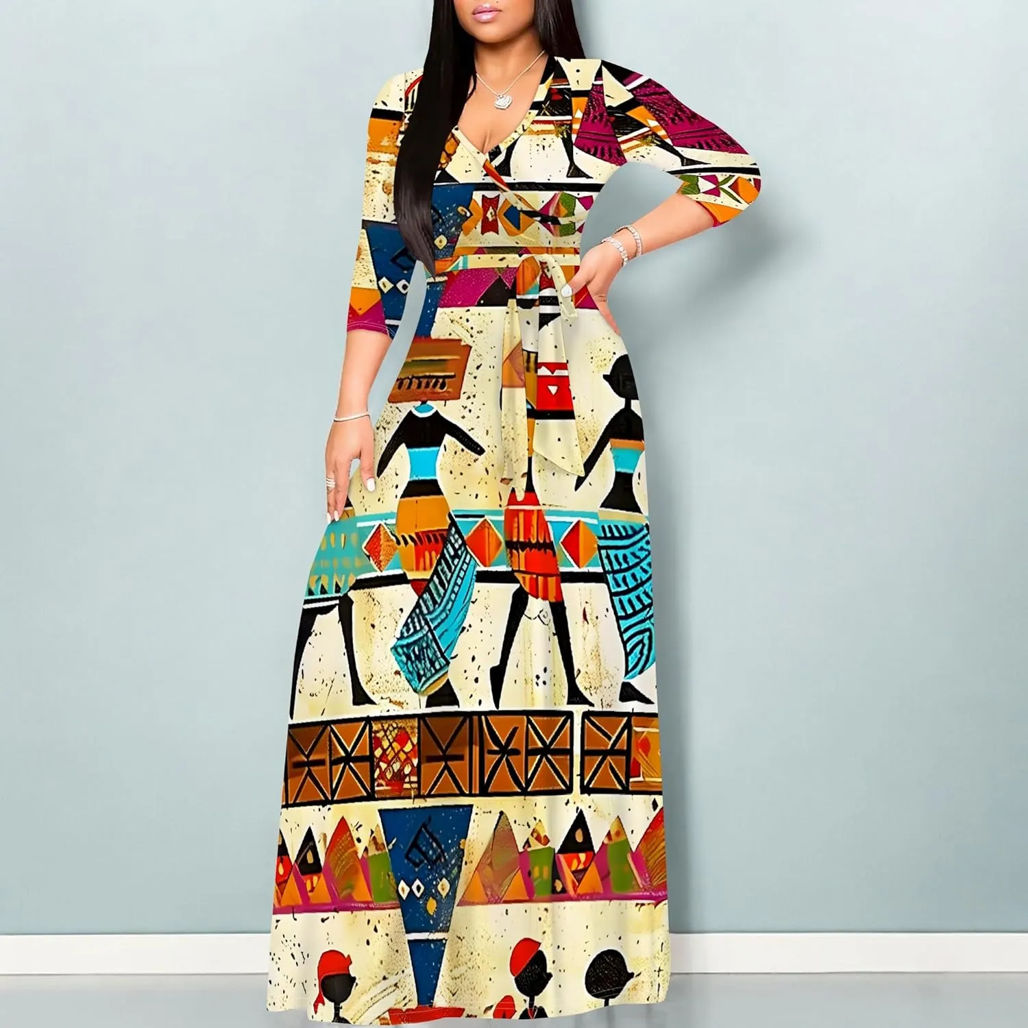 Maxi Dress Women Casual Print Waist wrap Long Dress Sexy V-Neck 3/4 Sleeve Wedding Guest Cocktail S-3XL